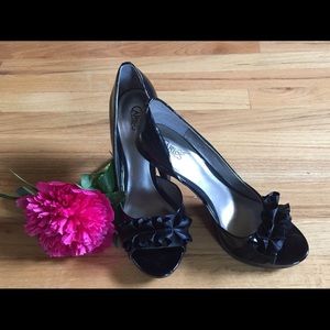 Black Patent Leather Peep Toe Heels